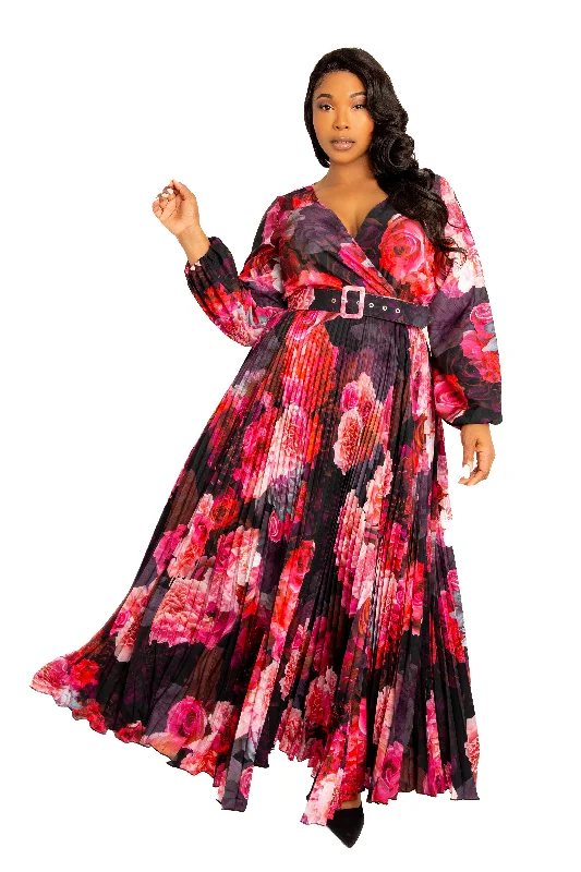 High-Fashion Women's Clothing Floral Pleated Maxi Dress with Belt