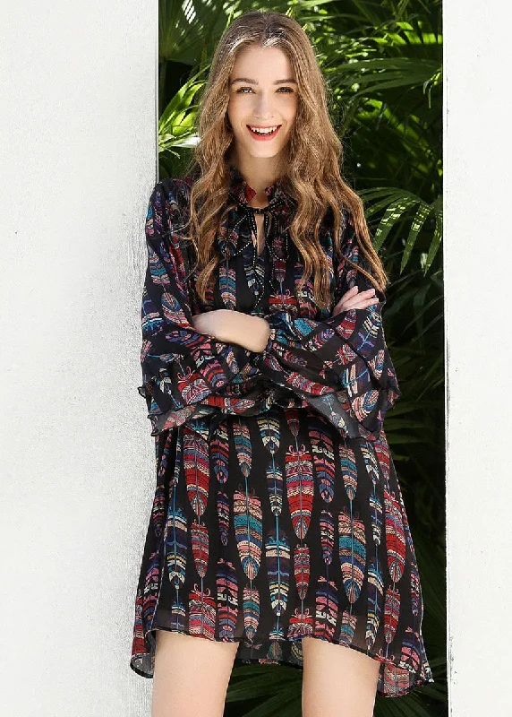 Sales For Clothes Women Black Stand Collar Lace Up Print Chiffon Dress Butterfly Sleeve