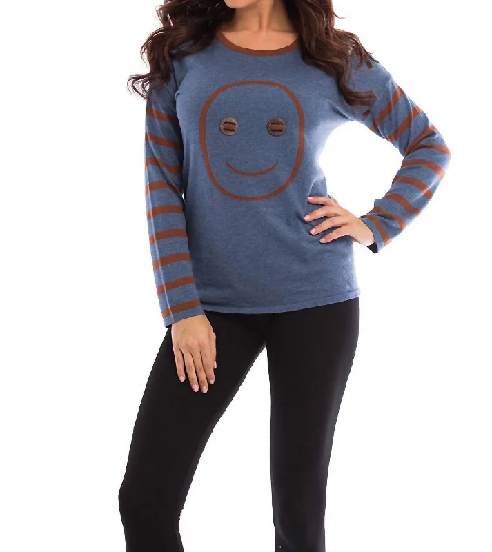Women's Loungewear Clothes Wood Button Smiley Face Pullover In Denim/mocha
