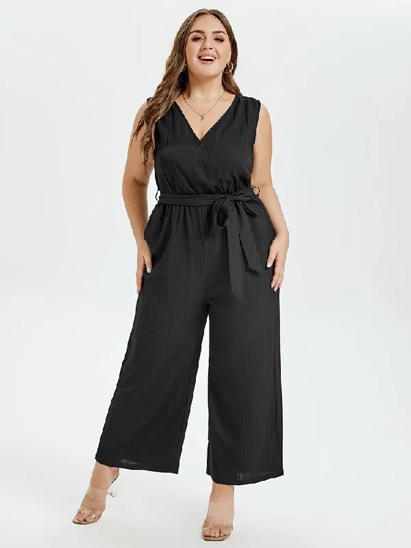 Premium Style V-Neck Belted Wide Leg Tank Jumpsuit