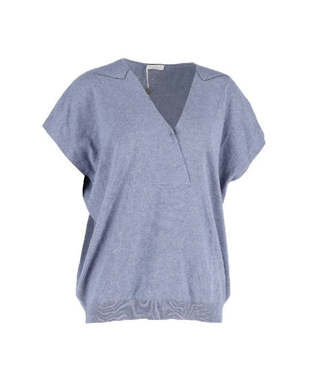 Classic Women's Clothing Styles Brunello Cucinelli V-Neck Monili-Trim Sweater in Blue Wool Classic Women's Clothing Styles Brunello Cucinelli V-Neck Monili-Trim Sweater in Blue Wool