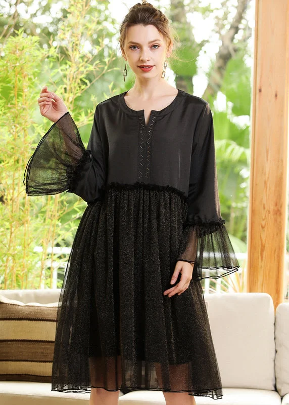 Athleisure Wear Fine Black Ruffled Patchwork Golden Sequins Chiffon Dress Flare Sleeve