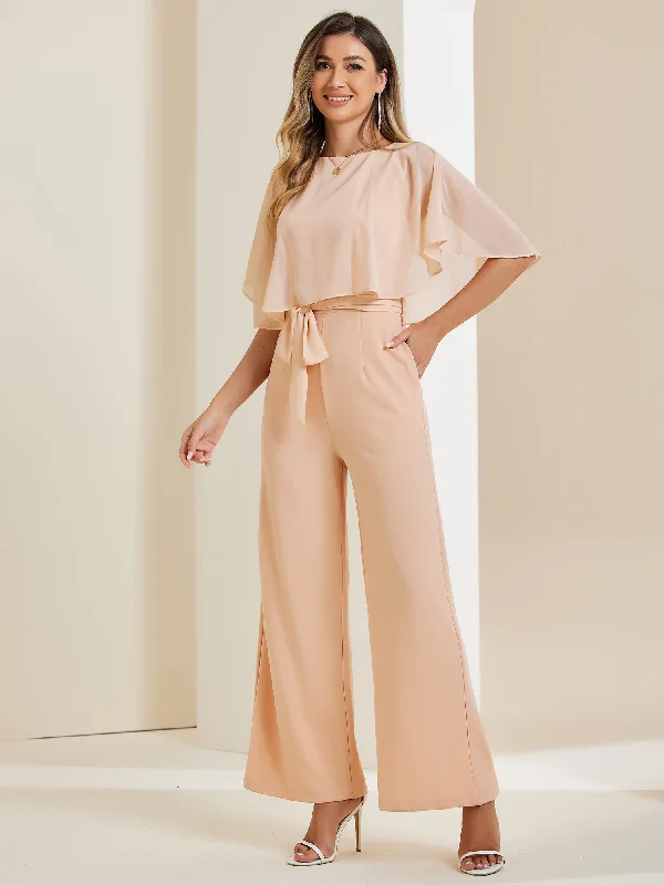 Exclusive Online Sale Cape Sleeve Belted Wide Leg Pants Casual Jumpsuit