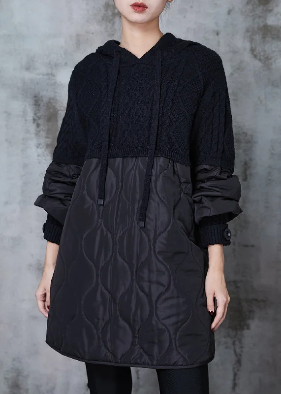 Women's Clothing With Trendy Designs Black Patchwork Knit Cotton Filled Sweatshirt Dress Hooded Spring Women's Clothing With Trendy Designs Black Patchwork Knit Cotton Filled Sweatshirt Dress Hooded Spring