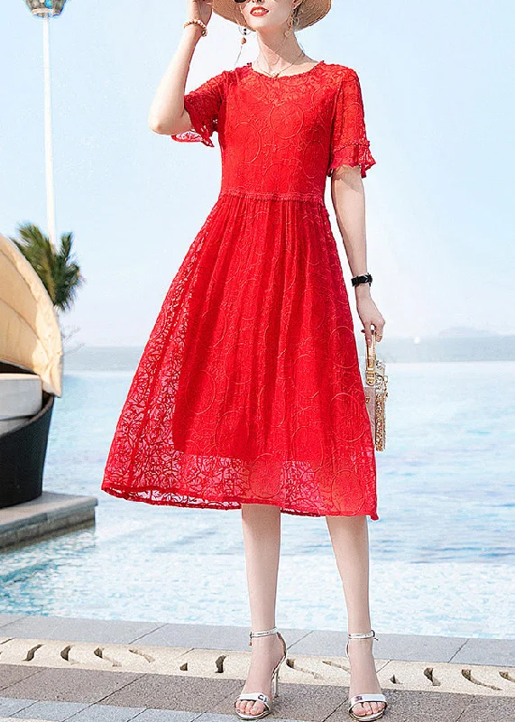 Chic Clothes For Women Bohemian Red O-Neck Original Design Lace Dresses Short Sleeve Chic Clothes For Women Bohemian Red O-Neck Original Design Lace Dresses Short Sleeve