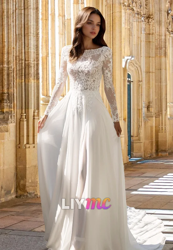 Women's Outerwear Clothing Scoop Long Sleeves Floral Appliques Chiffon A-Line Wedding Dress Women's Outerwear Clothing Scoop Long Sleeves Floral Appliques Chiffon A-Line Wedding Dress
