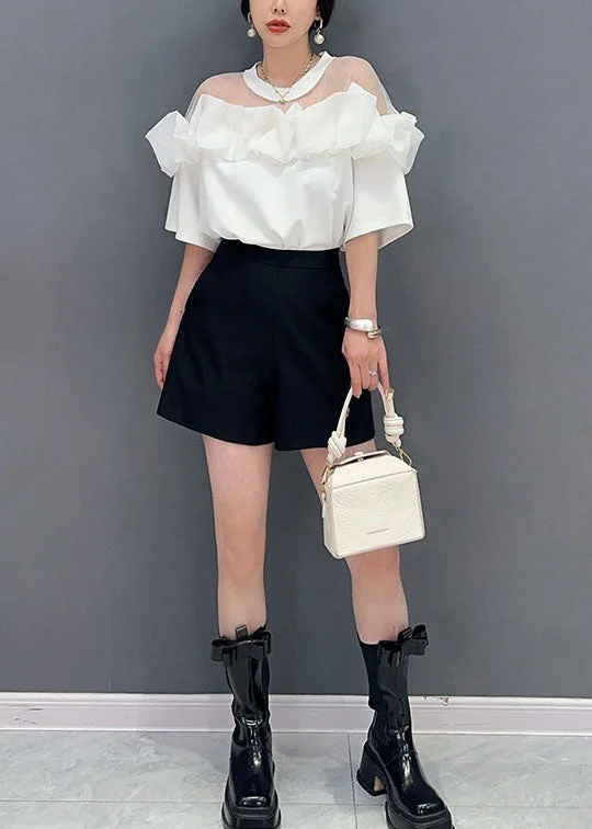 Trendy Women's Fashion Fashion White O Neck Ruffled Tulle Patchwork Cotton Mid Dress Summer