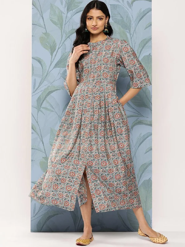 Special Occasion Wear Grey Printed Silk Fit and Flare Dress