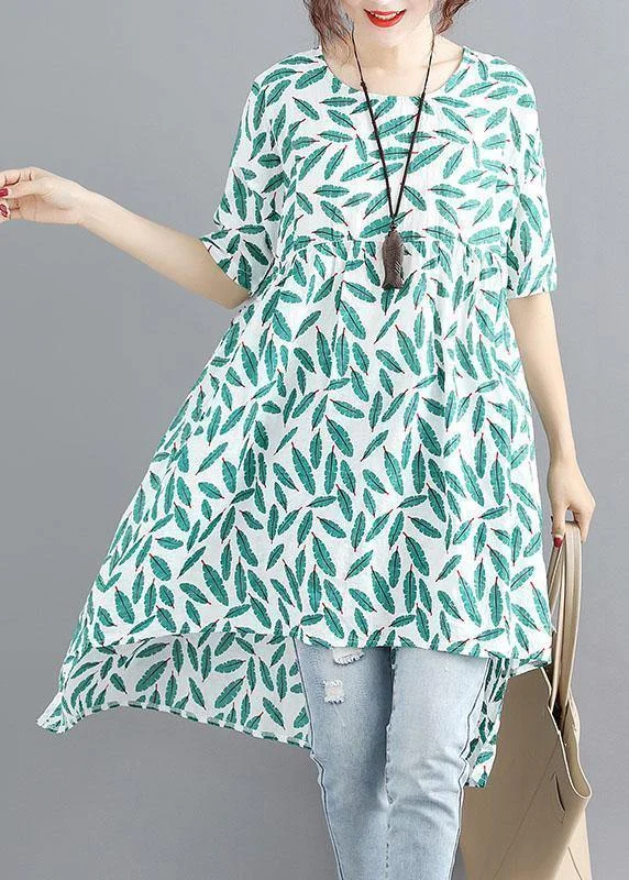 Women's Trendy Casual Clothes Handmade o neck asymmetric cotton linen dresses green print Dresses summer Women's Trendy Casual Clothes Handmade o neck asymmetric cotton linen dresses green print Dresses summer