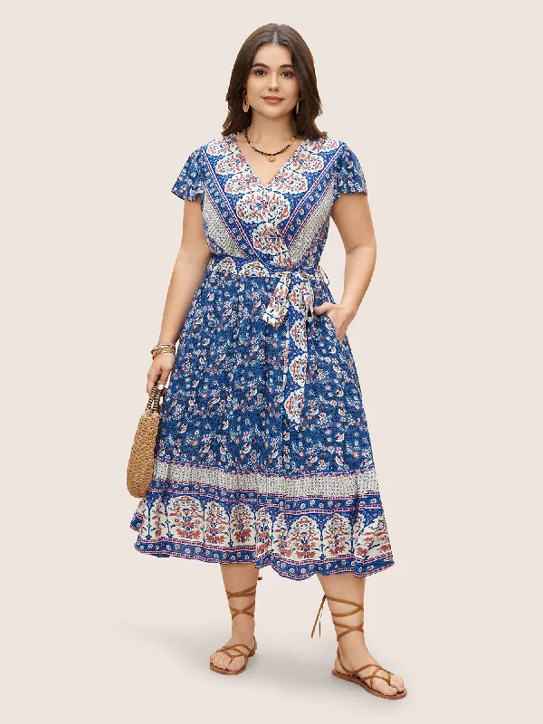 Flash Sales This Week Boho Print Surplice Neck Belted Dress