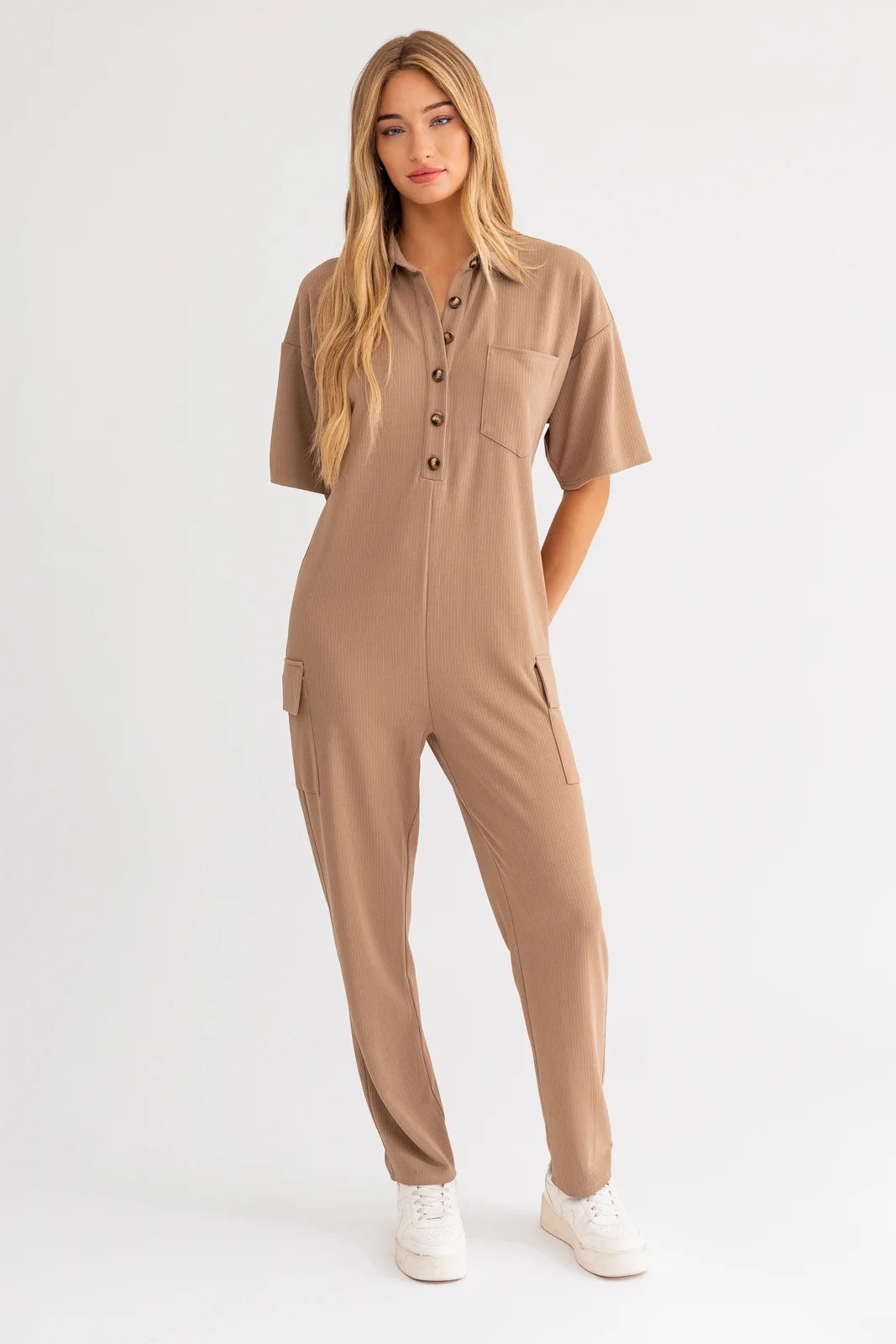 Comfort Meets Fashion Ribbed Short Sleeve Button Up Cargo Jumpsuit