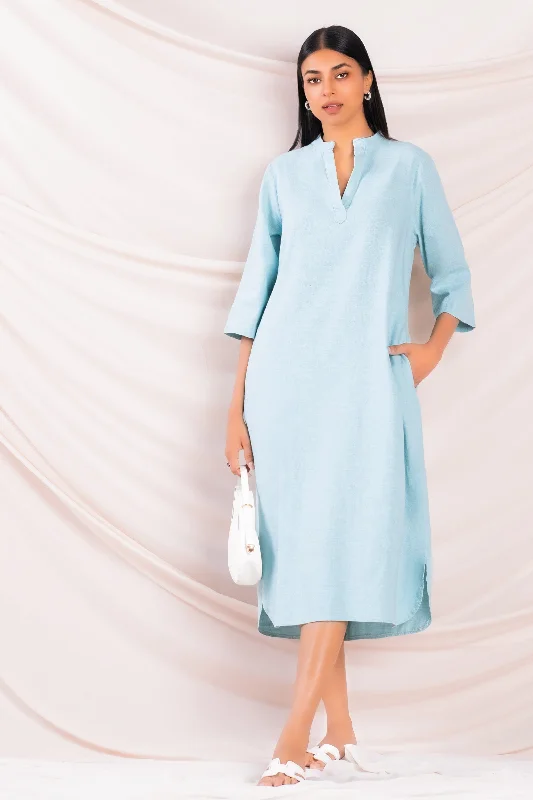 Women's Elegant Clothing Sets Blue Mandarin Collar Midi Dress