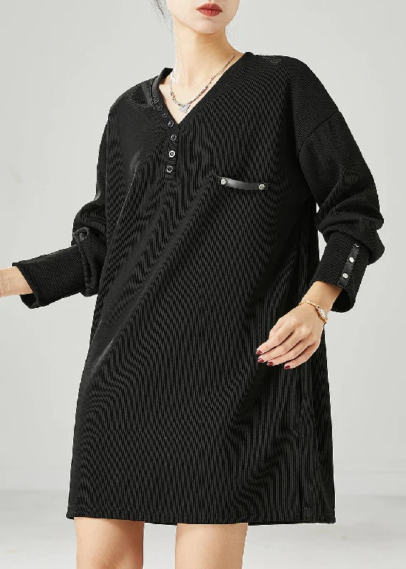 Women's Athletic Clothes Black Cotton Loose Sweatshirt Dress V Neck Button Spring