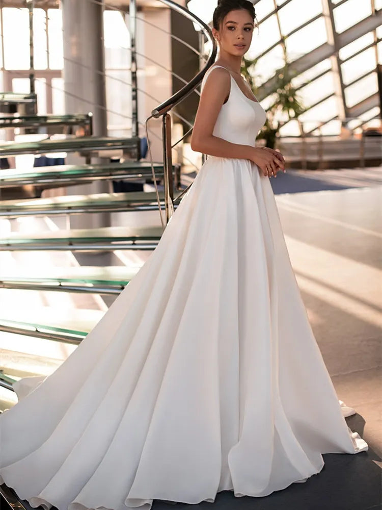 Women's Evening Clothing Simple Modern Wedding Dresses Satin Square-Collar Bride Gowns Floor-Length Sleeveless Robe Backless Sexy Vestidos De Novia Women's Evening Clothing Simple Modern Wedding Dresses Satin Square-Collar Bride Gowns Floor-Length Sleeveless Robe Backless Sexy Vestidos De Novia