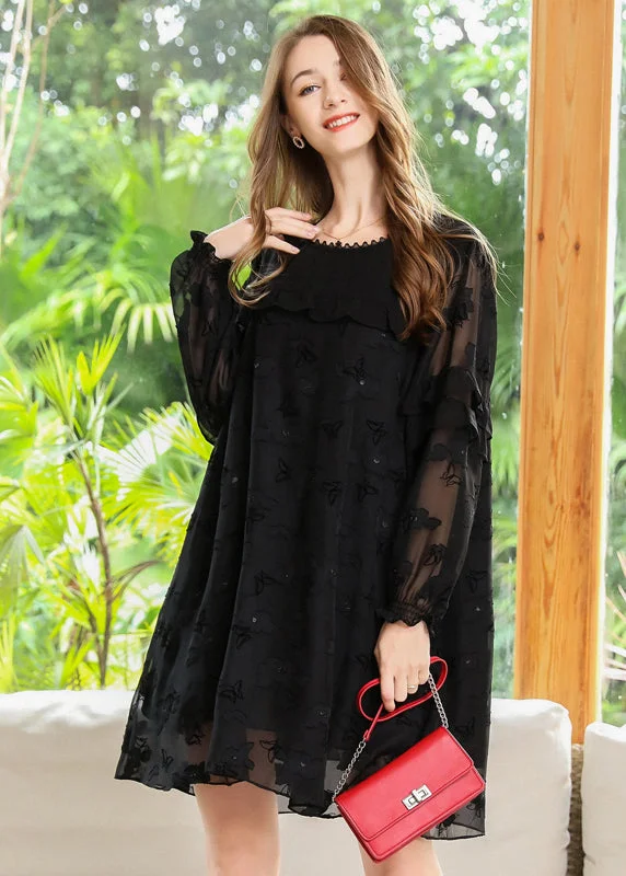 Versatile Outfits Boho Black Embroideried Patchwork Ruffles Chiffon Maxi Dresses Spring