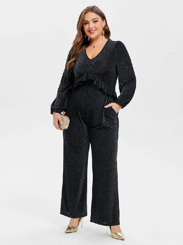 High-End Women's Apparel V-Neck Pocket Ruffle Glitter Jumpsuit