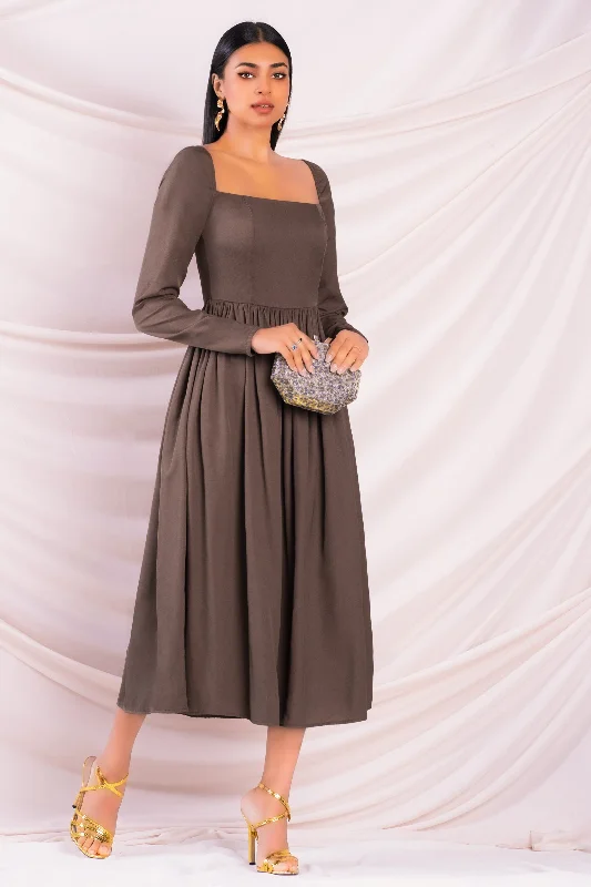 Elegant Clothing For Women Brown Square Neck Midi Dress