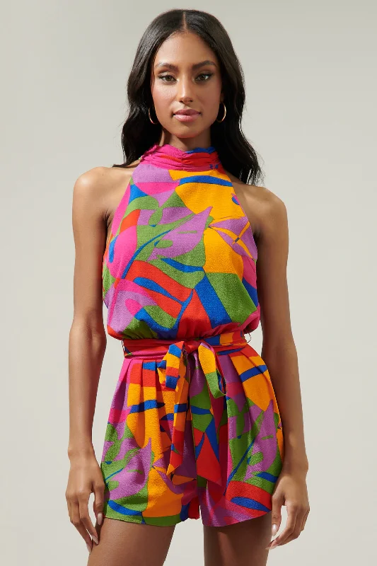 Women's Casual Wear Clothes Soleil Abstract Jenee Halter Tie Neck Romper
