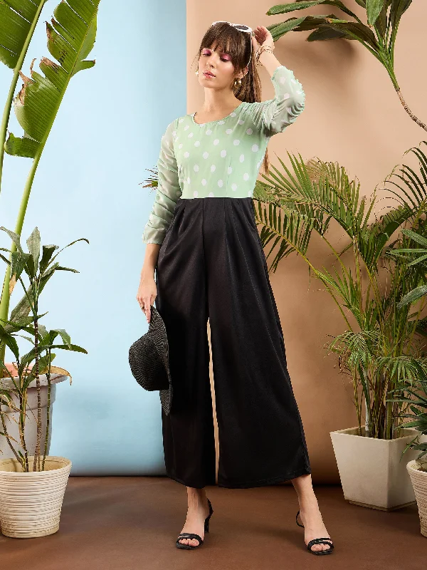 Women's Formal Event Clothing Sea Green Polka Dot Sleeve Rouching Jumpsuit