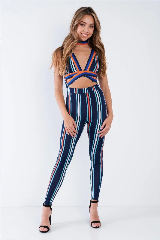 Cheap Women's Clothing Online Retro Multi Striped Strappy Sexy Spandex Jumpsuit