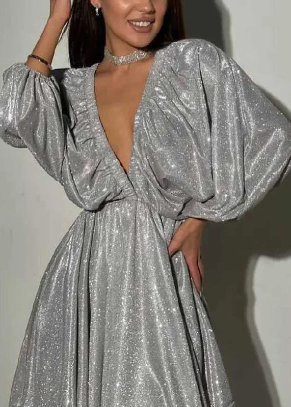 Additional Time-Limited Offers European And American Silver V Neck Sexy Party Dress