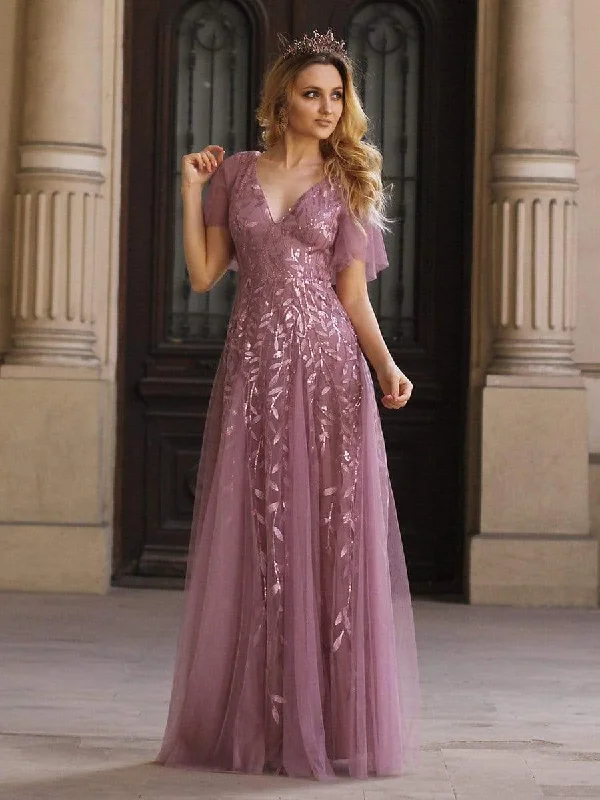 Women's High-End Clothing Romantic Shimmery V Neck Ruffle Sleeves Maxi Long Evening Gowns Women's High-End Clothing Romantic Shimmery V Neck Ruffle Sleeves Maxi Long Evening Gowns