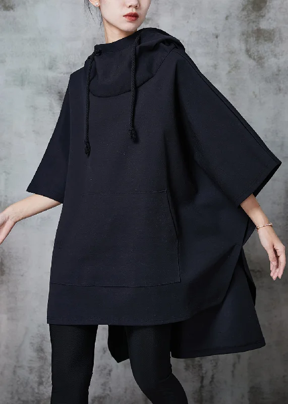 Plus-Size Women's Clothing Modern Black Hooded Drawstring Cotton Loose Sweatshirts Dress Spring Plus-Size Women's Clothing Modern Black Hooded Drawstring Cotton Loose Sweatshirts Dress Spring