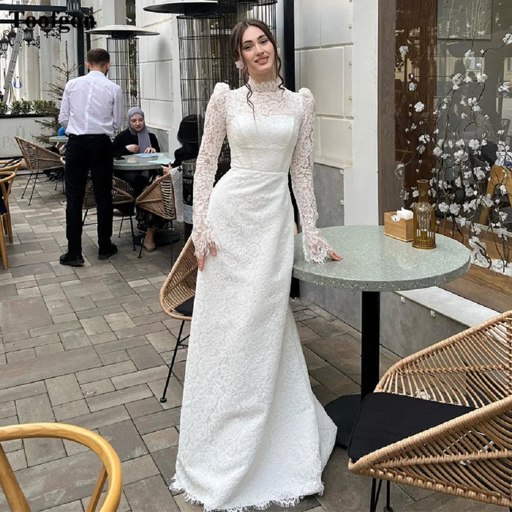 Chic Clothing For Women Delicated Lace Formal Wedding Dresses Long Sleeves High Neck Buttons Bridal Gowns Floor Length Bride Weding Party Gowns Chic Clothing For Women Delicated Lace Formal Wedding Dresses Long Sleeves High Neck Buttons Bridal Gowns Floor Length Bride Weding Party Gowns