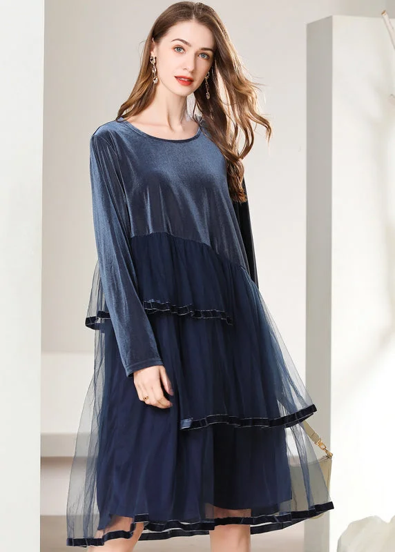 Woman Clothing French Navy Asymmetrical Tulle Patchwork Silk Velour Dresses Spring