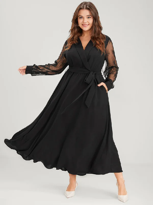 Sophisticated Style Solid Lace Lantern Sleeve Button Lapel Collar Belted Maxi Dress