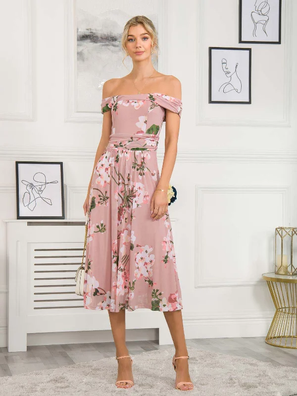 Women's Seasonal Clothes Rawiya Bardot Neck Mesh Dress, Pink Floral