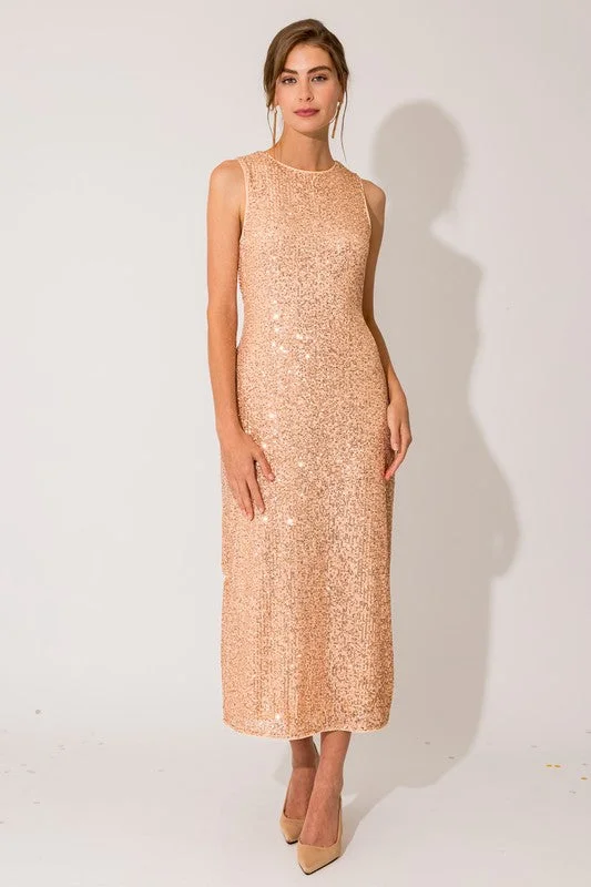 Women's High-Fashion Clothes Sequin Sleeveless Round Neck Back Slit Maxi Dress