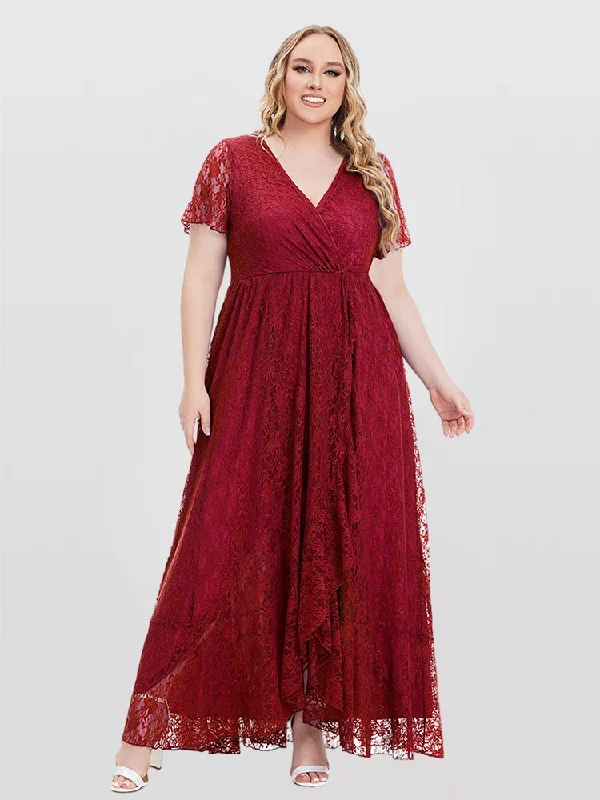 Affordable Women's Clothes Solid Lace V-Neck Ruffle Hem Bridesmaid Dress