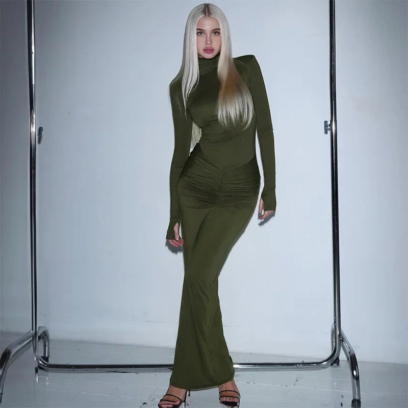 Fashionable Women's Clothing Elegant Solid Turtleneck Autumn Winter Ruched Christmas Party Maxi Dress Fashionable Women's Clothing Elegant Solid Turtleneck Autumn Winter Ruched Christmas Party Maxi Dress