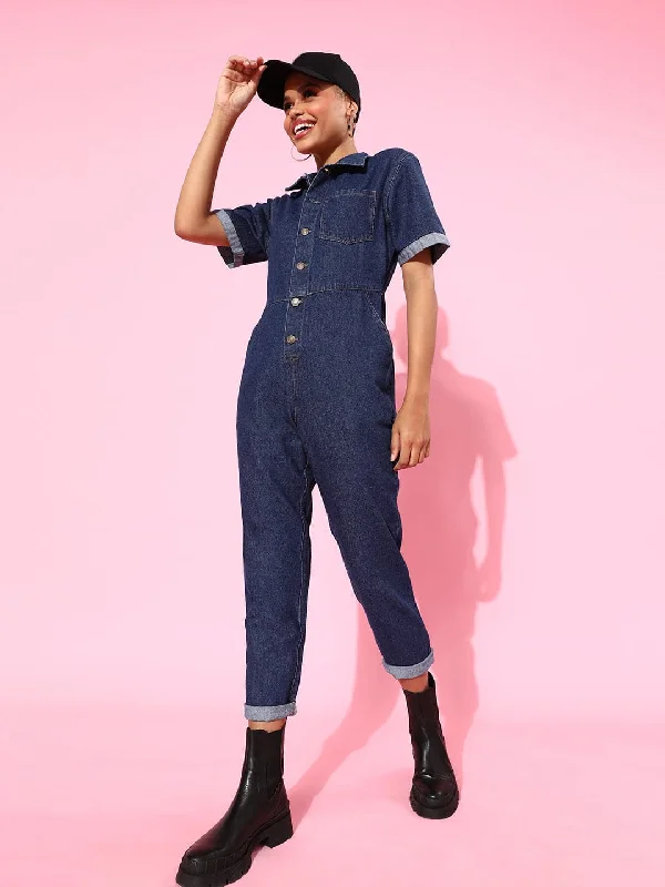 Women's Clothing For Everyday Wear Navy Blue Denim Belted Jumpsuit