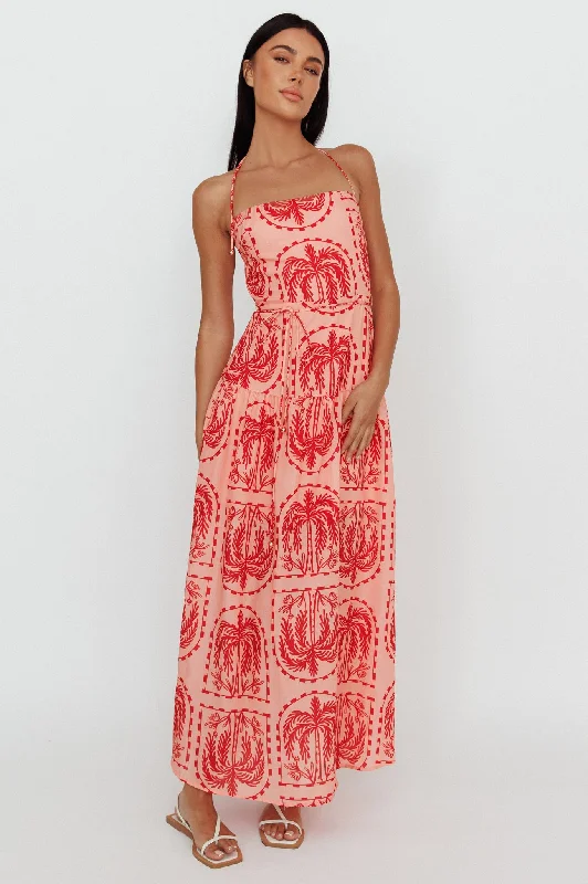 Comfort Meets Fashion Natasia Halterneck Maxi Dress Palm Print Red