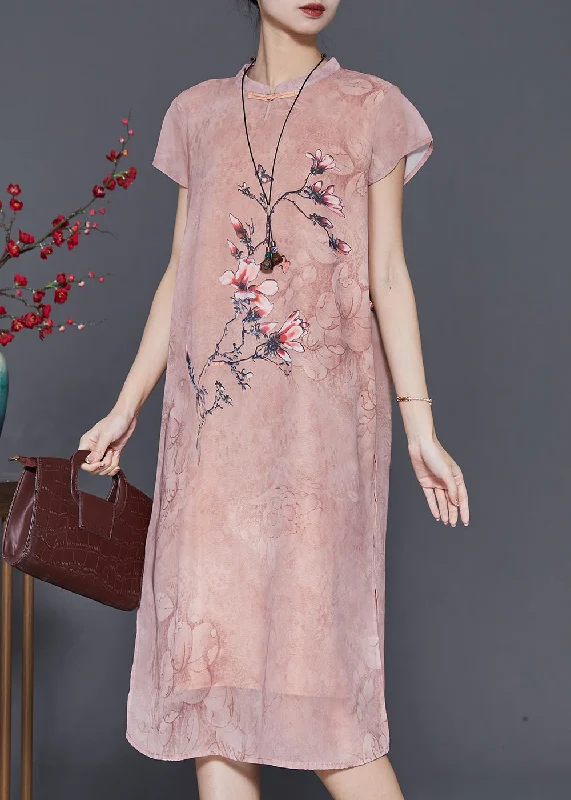 Sale On Sale Chinese Style Pink Print Chiffon Cheongsam Dress Summer