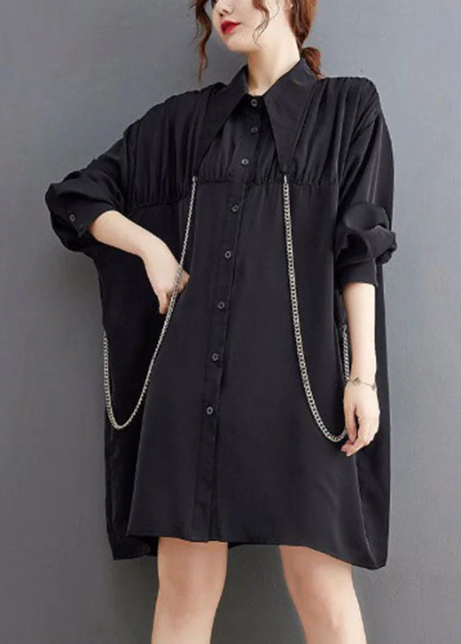 Comfortable Women's Clothing French Black Peter Pan Collar Patchwork Shirt Dresses Spring Comfortable Women's Clothing French Black Peter Pan Collar Patchwork Shirt Dresses Spring