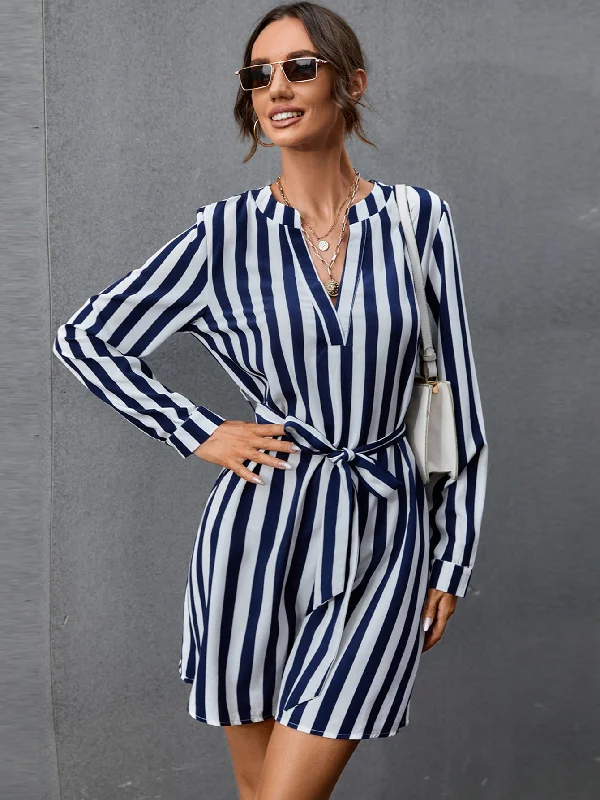 Formal Clothing For Women KittenAlarm - V Neck Striped Belted Dress