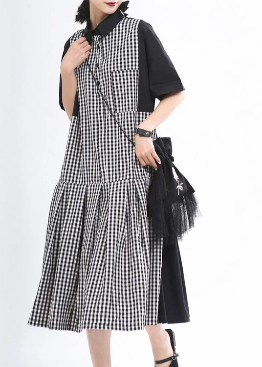 High-Fashion Women's Clothing Loose Black Plaid Patchwork Button Fall Dress Half Sleeve High-Fashion Women's Clothing Loose Black Plaid Patchwork Button Fall Dress Half Sleeve