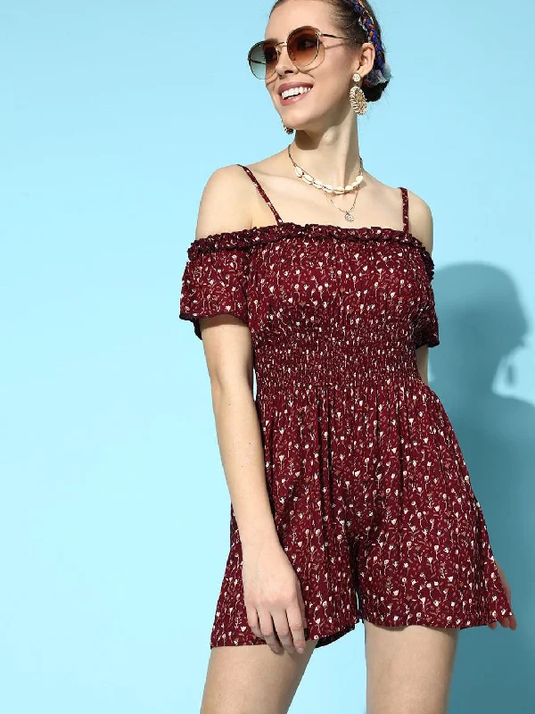 Classic Women's Clothing Styles Women Maroon Floral Cold Shoulder Romper