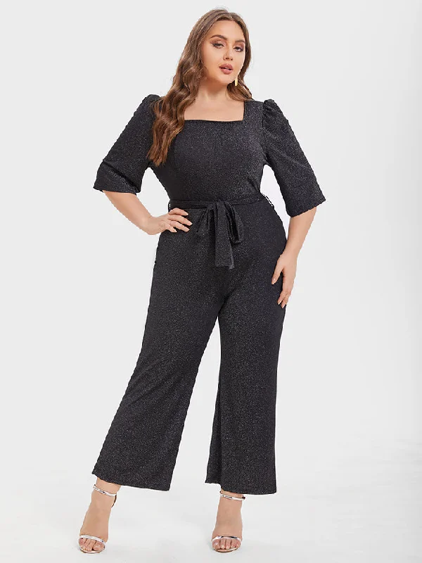 Plus Size Women's Fashion and Clothing Square Neck Puff Sleeve Belted Glitter Jumpsuit