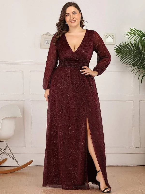 Women's Plus-Size Clothes Women's Sexy V-Neck Shiny Plus Size Evening Dresses with Long Sleeve Women's Plus-Size Clothes Women's Sexy V-Neck Shiny Plus Size Evening Dresses with Long Sleeve