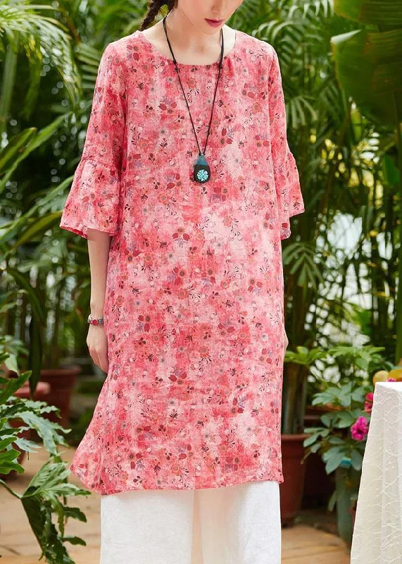 Women's Formal Clothes Loose red print linen clothes For Women o neck half sleeve patchwork loose summer Dresses Women's Formal Clothes Loose red print linen clothes For Women o neck half sleeve patchwork loose summer Dresses