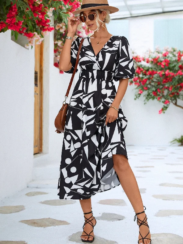 Affordable Online Boutiques Printed Surplice Balloon Sleeve Dress