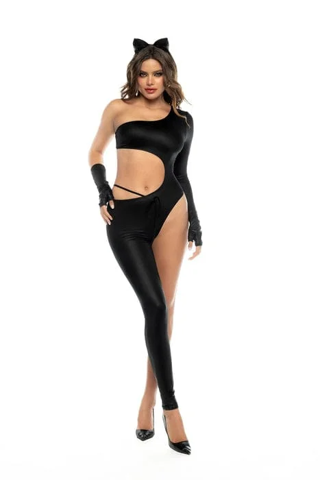 Comfortable Clothes Black Asymmetrical Gloss Vinyl Stylized Panther Jumpsuit Catsuit