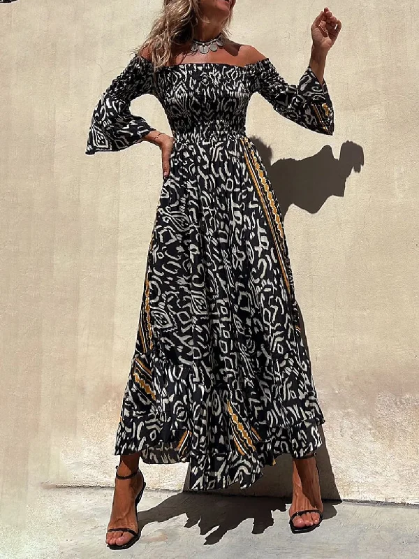 Women's Casual Wear Clothes Off-The-Shoulder Smocked Stretch Charming Black Printed Maxi Dress Women's Casual Wear Clothes Off-The-Shoulder Smocked Stretch Charming Black Printed Maxi Dress