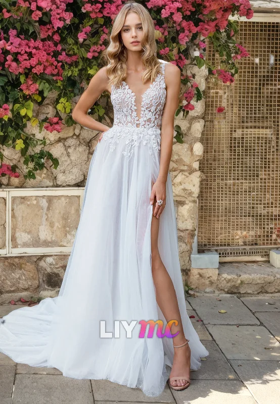 Women's Clothing For Everyday Wear V-Neck Sleeveless Appliques Open Back A-Line Beach Wedding Dress Women's Clothing For Everyday Wear V-Neck Sleeveless Appliques Open Back A-Line Beach Wedding Dress
