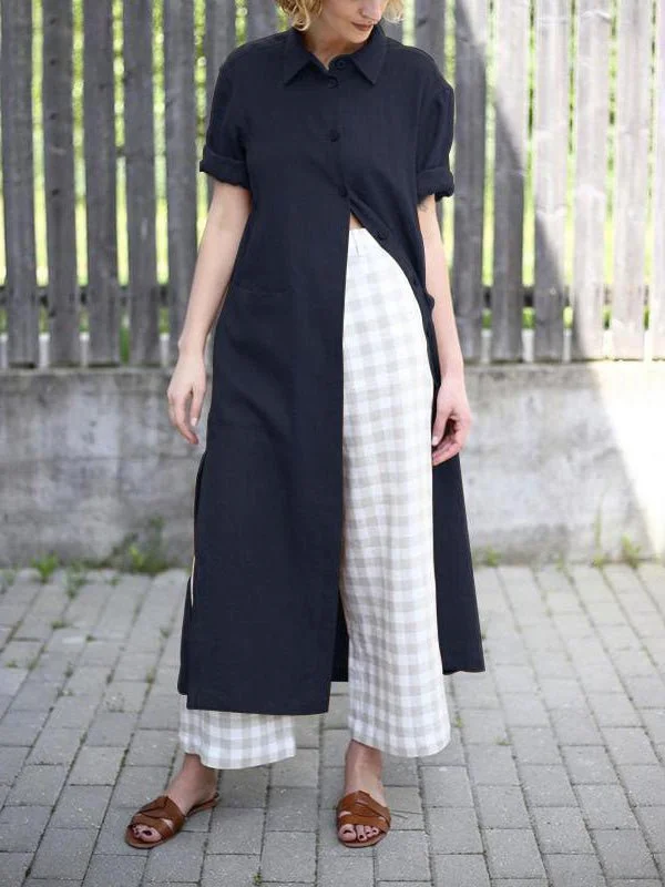Women's Clothes For Work Events Loose Lapel Button Short Sleeve Shirt Dress