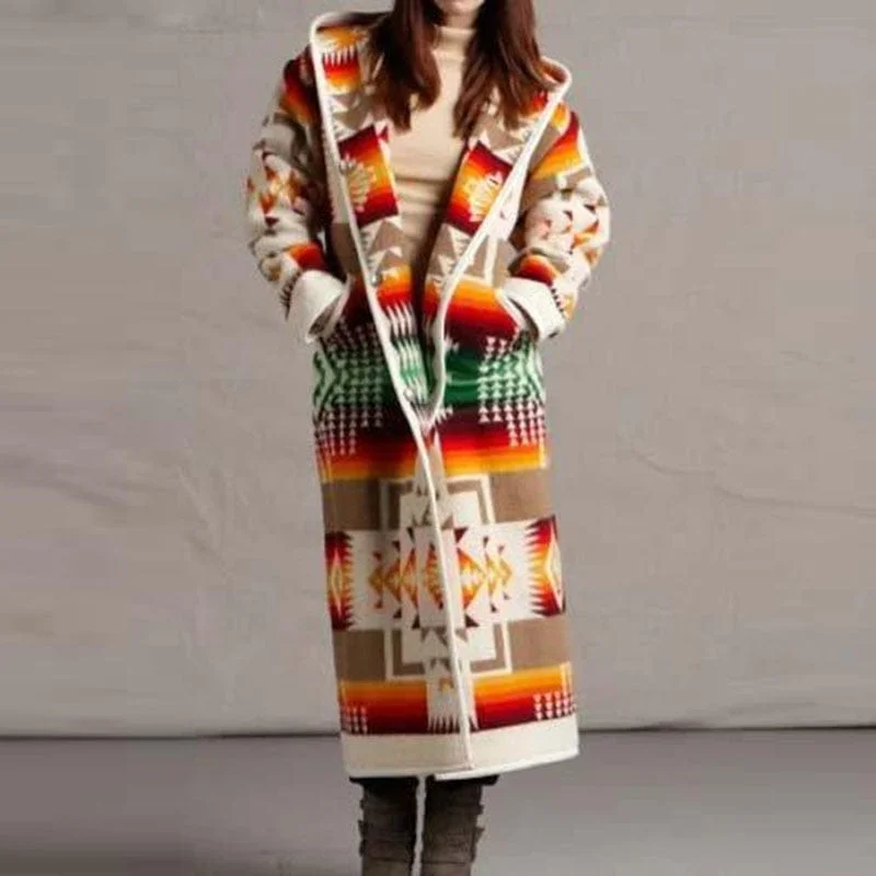 Women's Clothing For Travel Boho Printed Hooded Long Coat